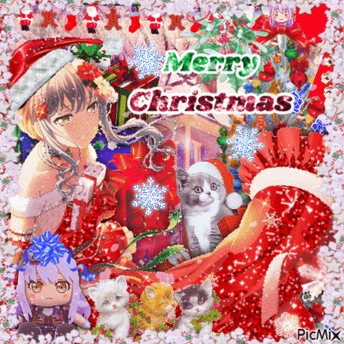 a girl in a santa hat is surrounded by christmas decorations and says merry christmas