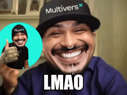 a man wearing a hat that says multivers on it is smiling