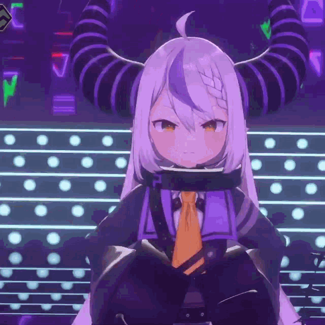 a purple anime girl with horns and a purple tie