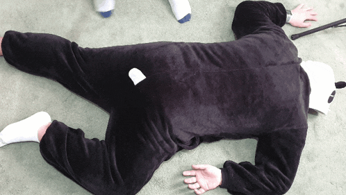 a person in a panda costume is laying on the ground
