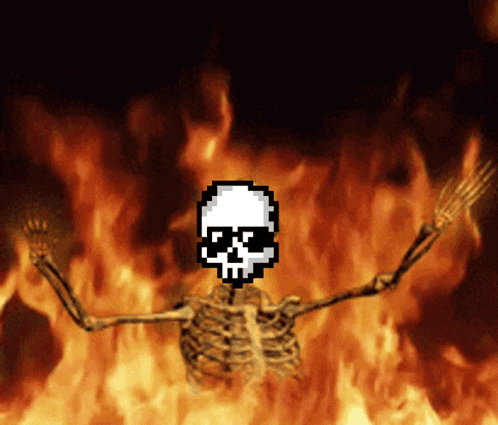 a pixel art of a skeleton with a skull on his head in front of flames