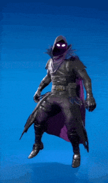 a video game character with a purple cape and glowing eyes