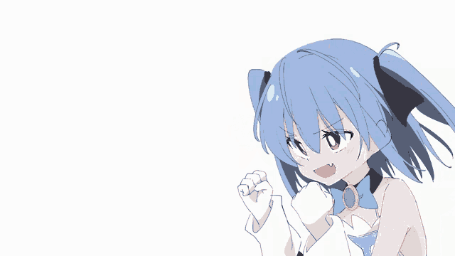 a girl with blue hair and red eyes is wearing white gloves and a blue bow tie