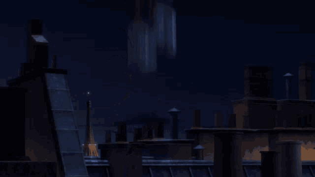 a cartoon rabbit is standing on a rooftop at night with the eiffel tower in the background