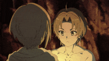 two anime characters are looking at each other and one has a very serious look on his face
