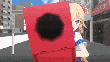 a girl is hiding behind a red box with a hole in it
