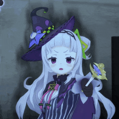 a witch with white hair and a purple hat holds a wand