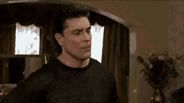 a man in a black shirt is standing in a living room with a vase of flowers in the background .