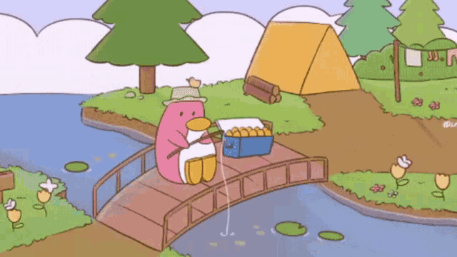 a cartoon of a duck fishing on a bridge over a river
