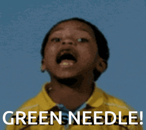 a young boy in a yellow shirt with the words green needle written on the bottom