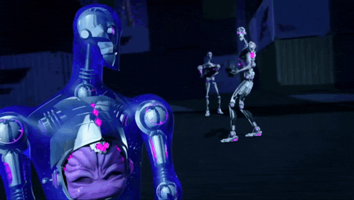 a robot with a purple light coming out of it 's mouth