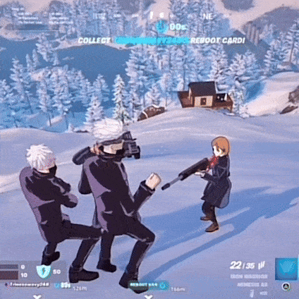 a group of people are playing a video game with a girl holding a gun in the snow .