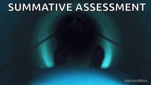 a man in a hospital gown is crawling through a tunnel with the words summative assessment above him .