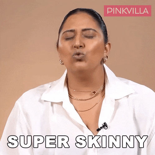 a woman blowing a kiss with the words super skinny written on the bottom