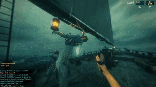 a screenshot of a video game shows a man holding a lantern and the time of 14:46
