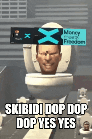 a cartoon of a man sitting on a toilet with a box that says money meets freedom on it