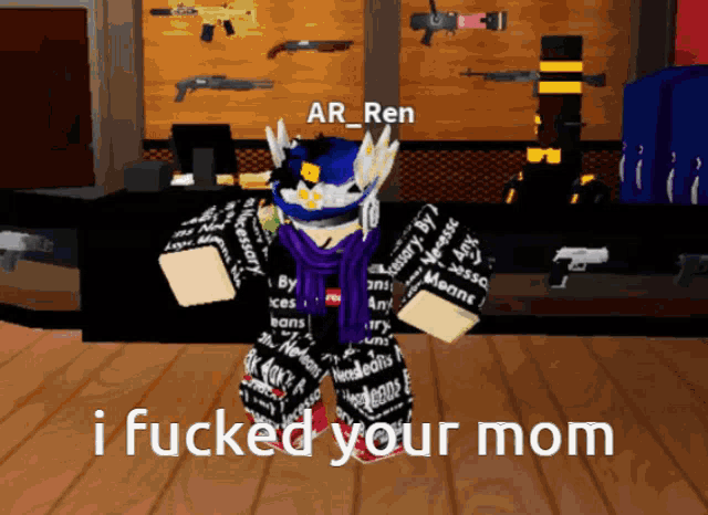 a cartoon character says i fucked your mom in front of a bunch of guns