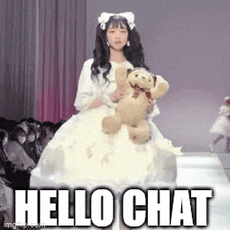 a woman in a white dress is holding a teddy bear and the words hello chat are above her