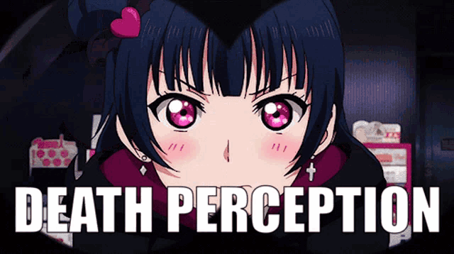 a picture of a girl with pink eyes and the words death perception
