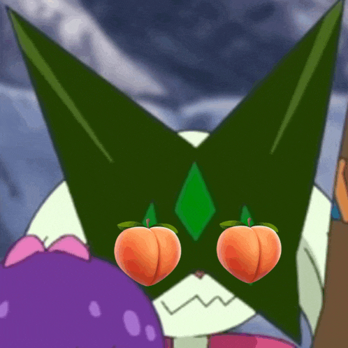 a cartoon character with a green leaf on his head has two peaches on his eyes
