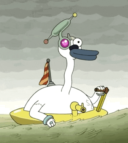 a cartoon duck is in a boat with a flag on top of it