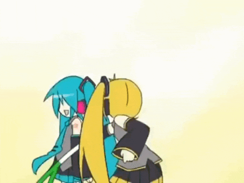 a couple of anime characters standing next to each other and one has a microphone in her hand