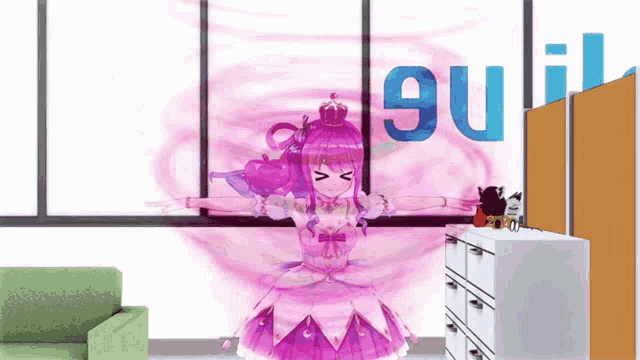 a girl with pink hair and a crown is standing in front of a sign that says 90