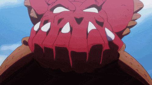 a cartoon drawing of a red monster with white teeth and a blue sky in the background