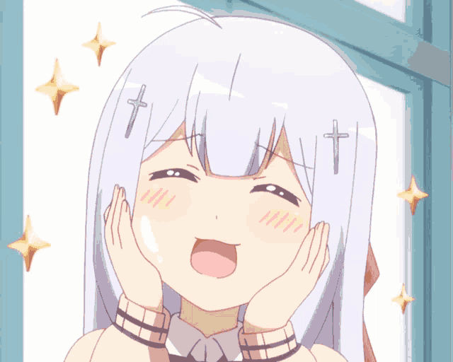 a girl with a cross on her head is smiling
