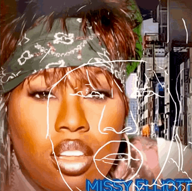 a drawing of a woman 's face with the name missy elliott on the bottom right