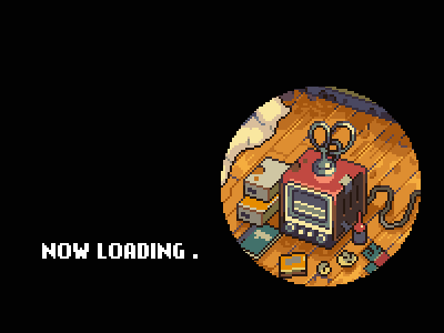 a pixel art drawing of a clock and scissors with the words now loading below it