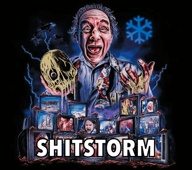 a poster for shitstorm shows a man holding a skull
