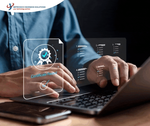 a man is typing on a laptop with a screen that says certificate pending