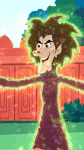 a cartoon character with a very long arm is standing in front of a building .