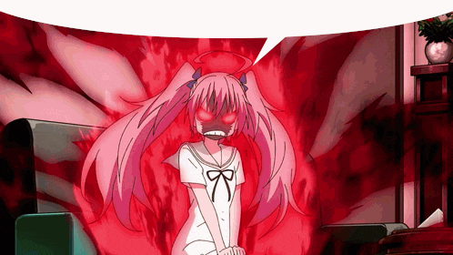 a girl with pink hair has a speech bubble above her