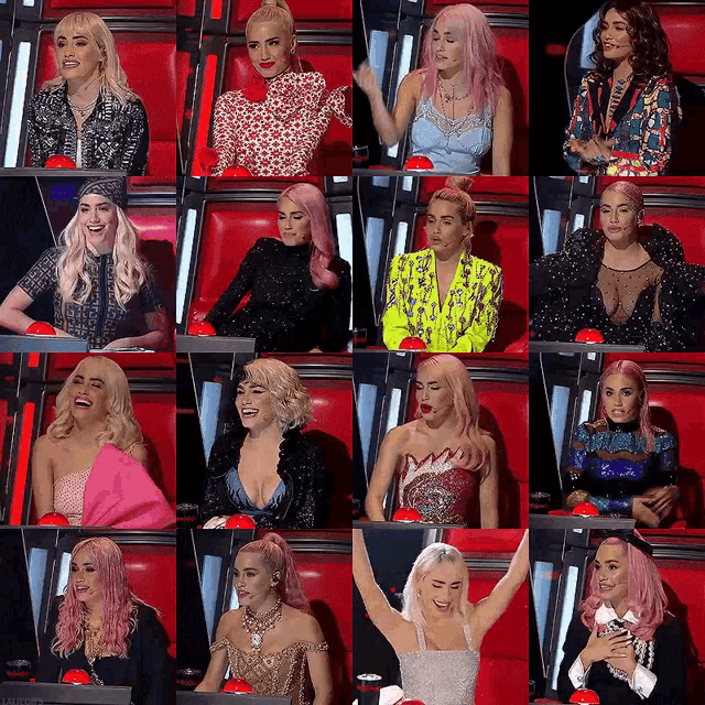 a collage of images of women with pink hair