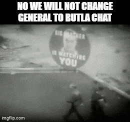 a black and white photo of two men walking in front of a sign that says no we will not change general to butla chat