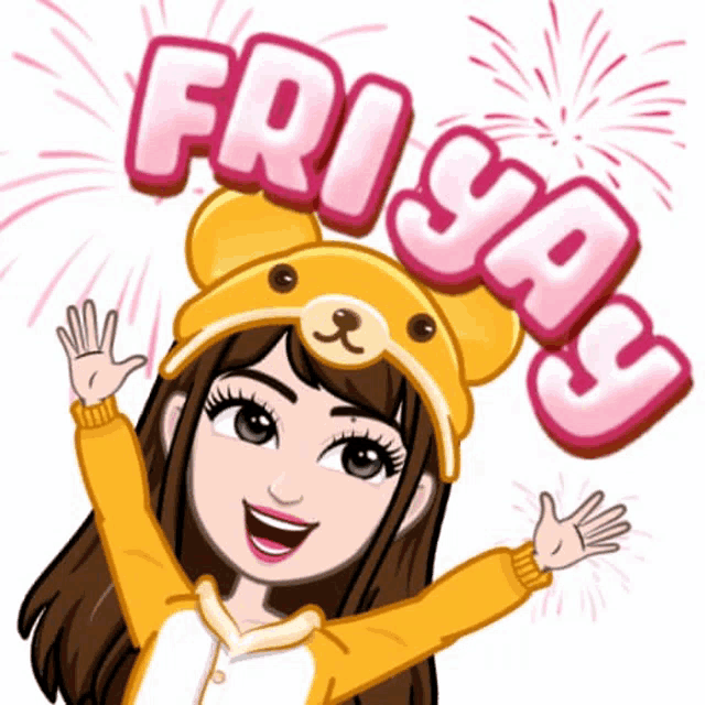 a cartoon girl wearing a teddy bear hat with the word frisay written on it
