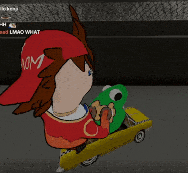 a cartoon character wearing a red hat that says aom