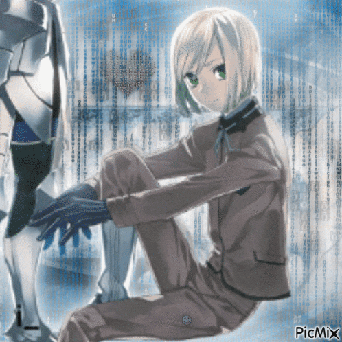 a picture of a girl sitting next to a robot with picmix written on the bottom right