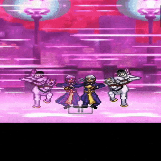 a group of cartoon characters are standing next to each other in a purple room