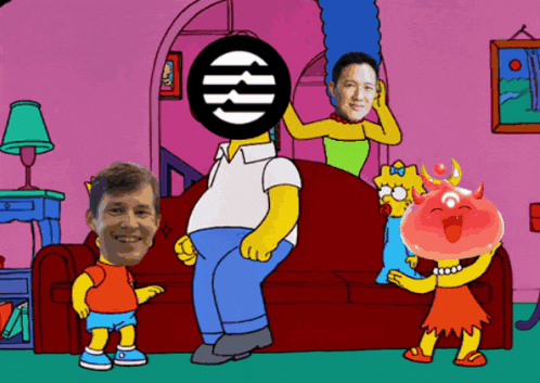 a cartoon of homer simpson standing in front of a couch with a circle with the letter k on it