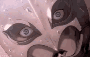 a close up of a cartoon character 's face with a mask on it .