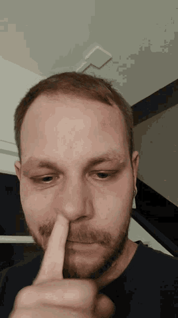 a man with a beard is holding his finger to his mouth
