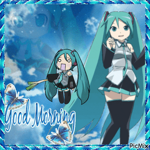 a picture of a girl with long hair and the words good morning
