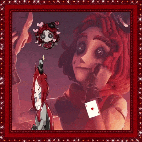 a picture of a girl with red hair and a playing card with a heart on it