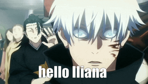 a man with white hair and blue eyes says hello liiana