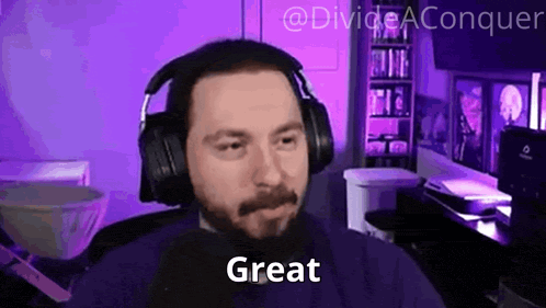 a man wearing headphones says great in front of a purple background