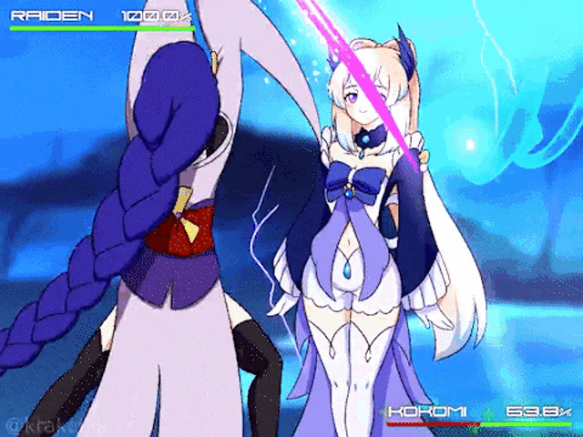 a video game screen shows a girl with a sword and the name raiden