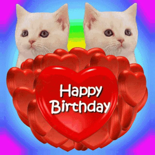 a happy birthday card with two cats and a heart